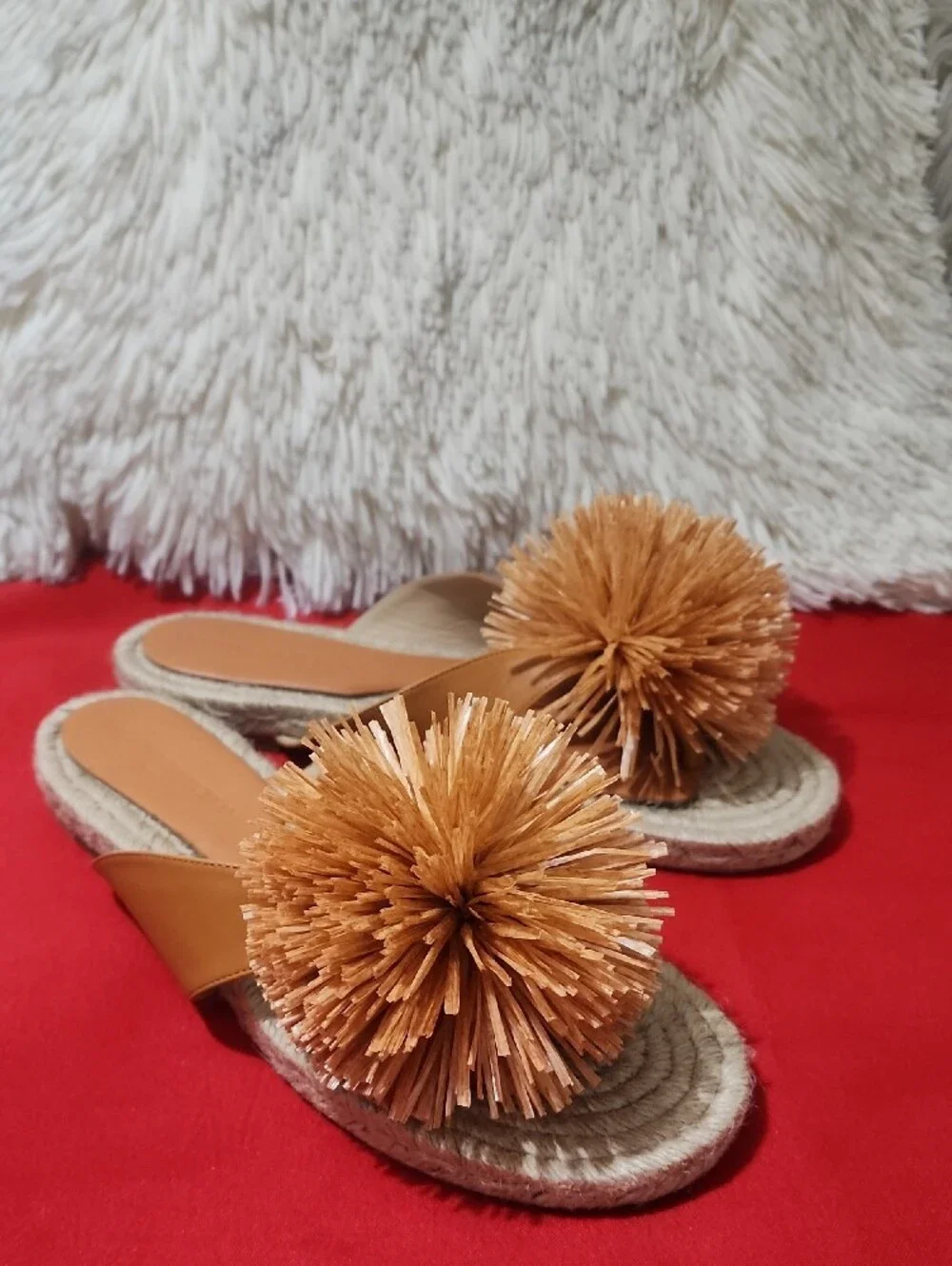 Paloma Barcelo Druma Orange  Pom-Pom Woven Slide Thong Sandals